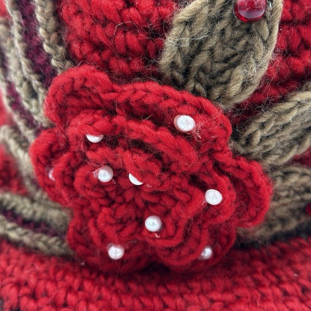 Crochet Red/Brown Knit Cloche Bucket Hat Women Winter Beanies Cap w flower Lined - Picture 8 of 10